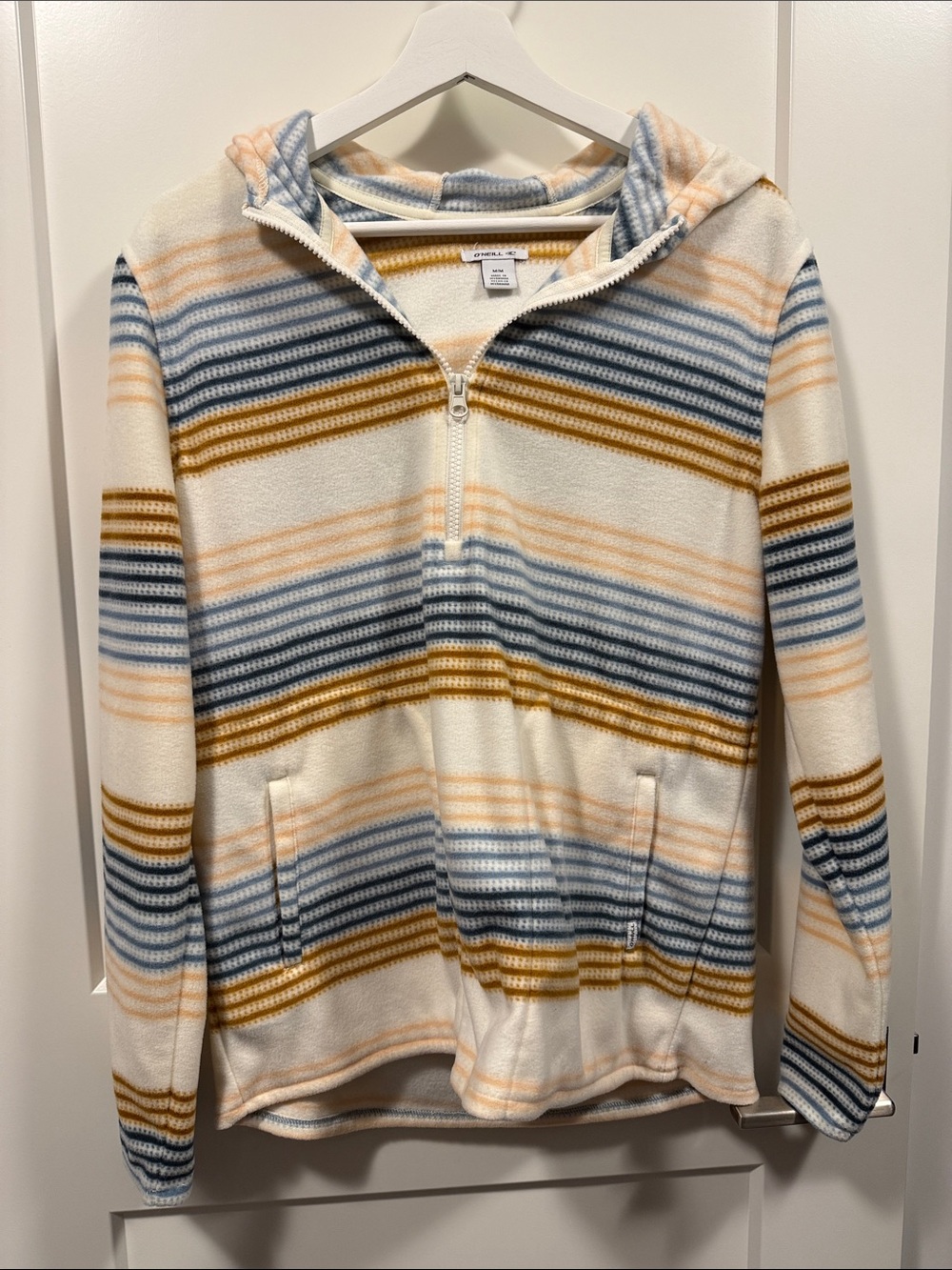 Women’s Hooded Zip-Up Fleece Sweater - Cream with Blue & Gold Stripes